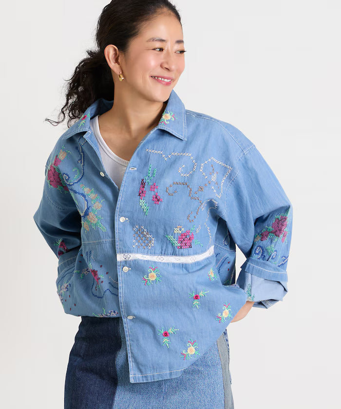 Open Collar Embroidered Shirt Jacket