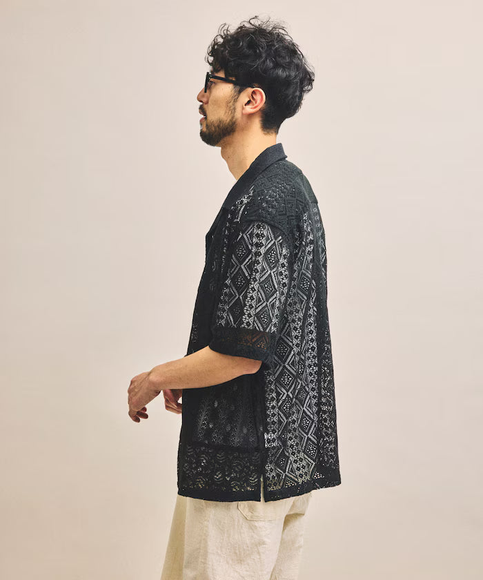 India-made Patchwork Lace Sheer Relaxed Fit Open Collar Shirt Short Sleeve