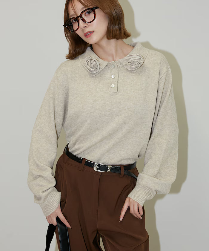 Polo knit pullover with flower motif - limited edition