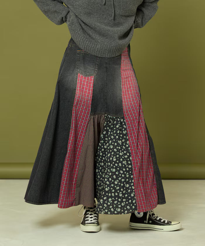 Side Front Denim Color Block Flared Skirt