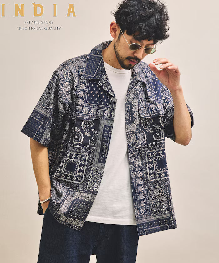 India-made Relaxed Fit Paisley Print Open Collar Short Sleeve Shirt Bandana Pattern