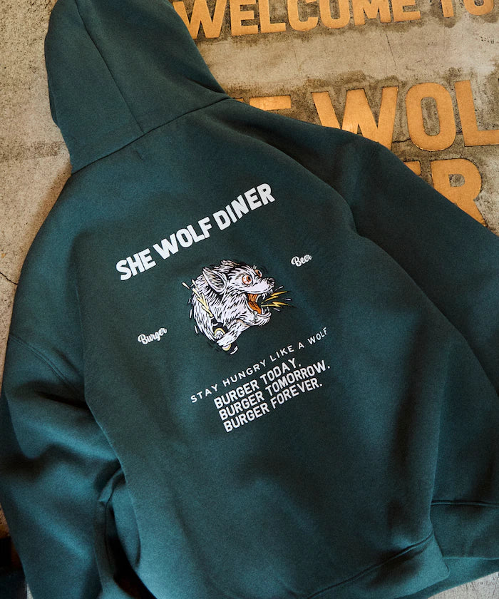 SHE WOLF DINER×FREAK'S STORE/She Wolf Diner Limited Edition Big Silhouette Back Embroidery Hoodie/WOLF 【Limited Release】 - Green