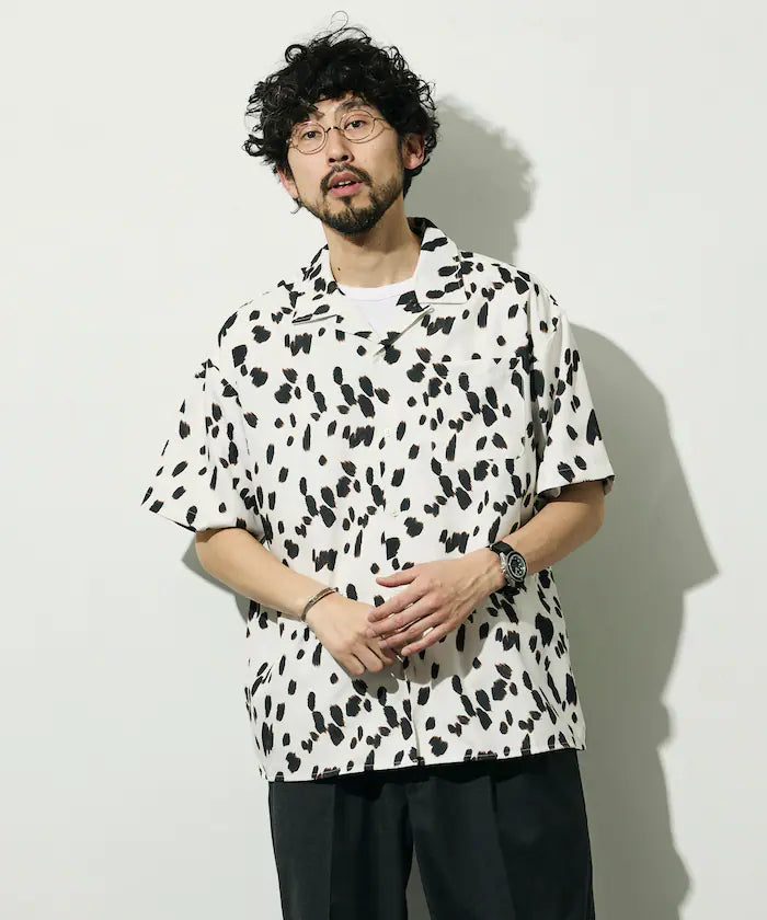 Open collar pattern short sleeve shirt / all-over design open collar shirt / compatible with set-up