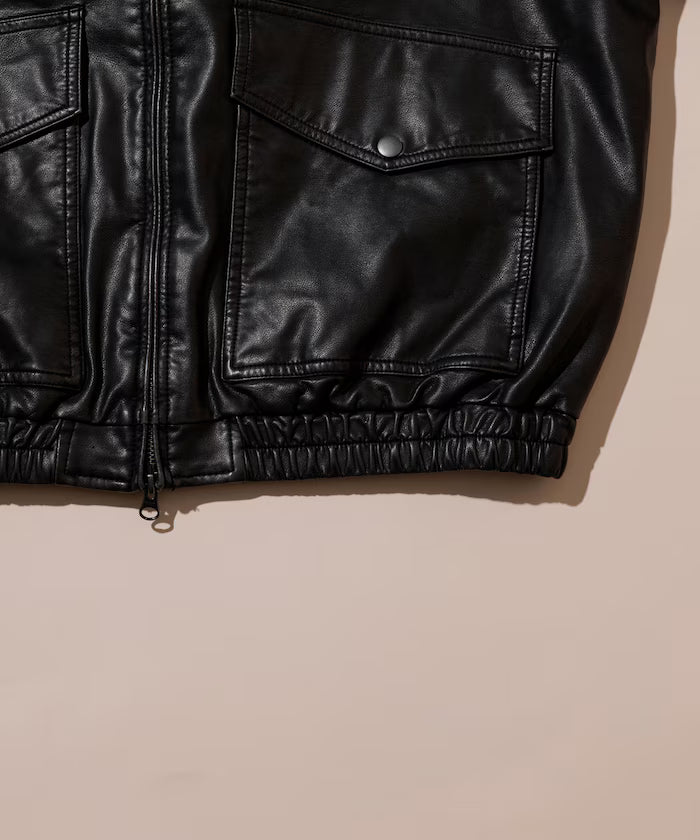 Washed processed leather red stand collar zip-up short blouson