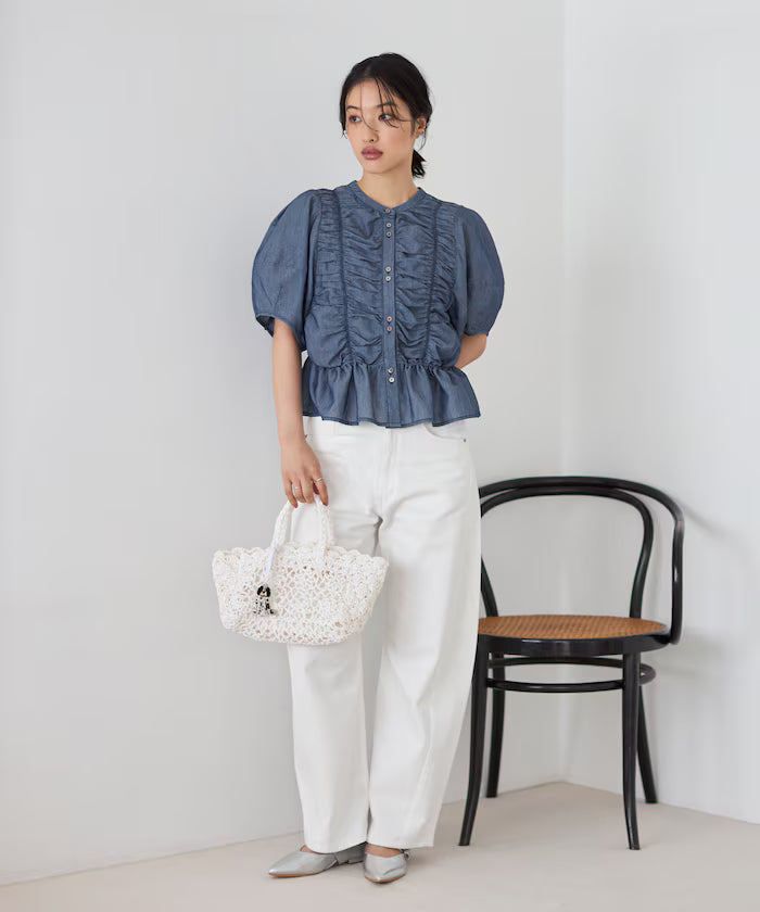 Sheer Shirring Volume Sleeve Blouse / 5 Short Sleeves