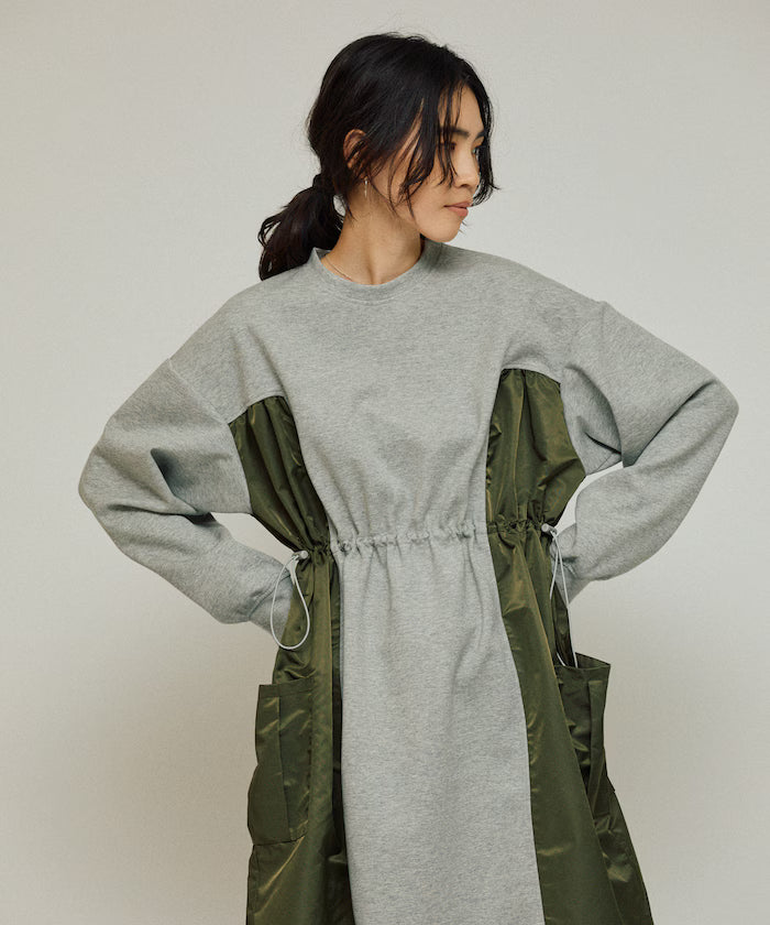 Mixed Material Docking Gathered Dunbar Sweat One-Piece / Spindle