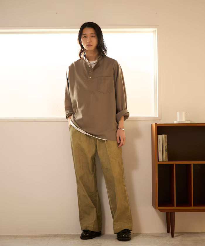 Relax Fit Linen Mix Band Collar Pullover Shirt [Limited Edition]