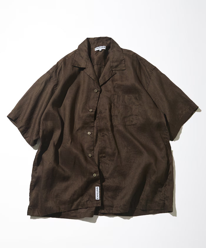 Linen Open Collar Short Sleeve Shirt - Brown