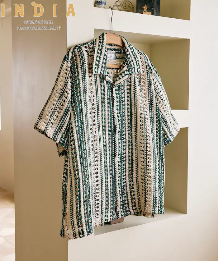 New color added: Indian-made relaxed fit all-over lace multi-stripe open collar short sleeve shirt - Olive