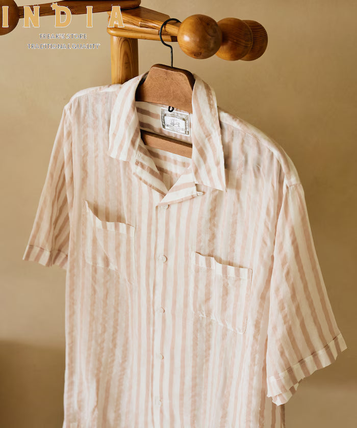 Indian-made Relaxed Fit Wide Stripe Sheer Sucker Open Collar Short Sleeve Shirt - White