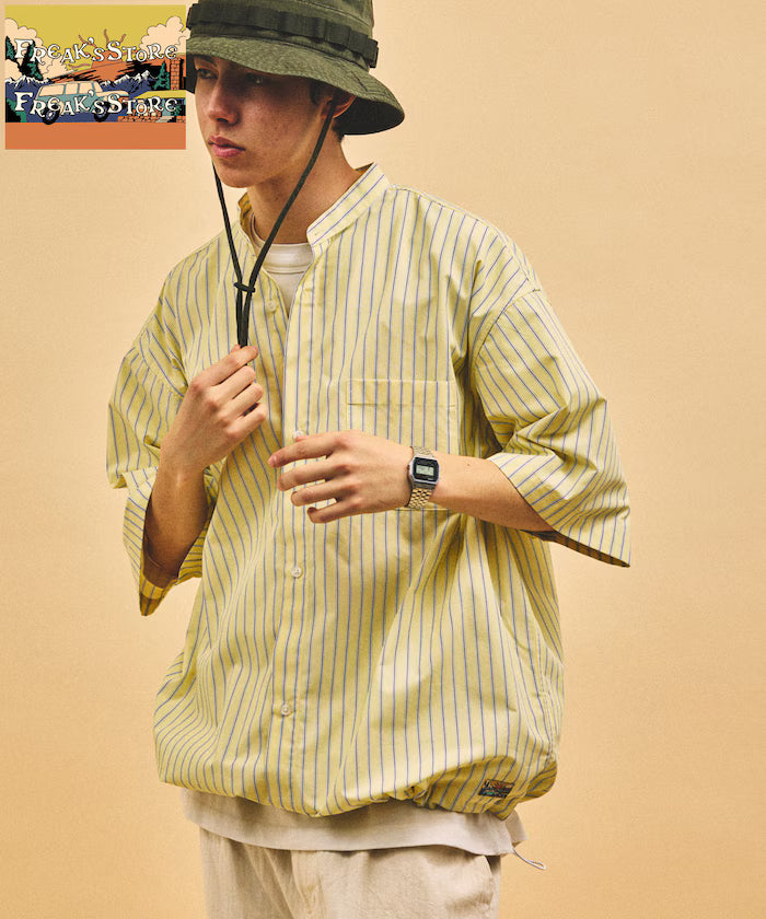 Typewriter Spindle Band Collar Stripe Short Sleeve Shirt