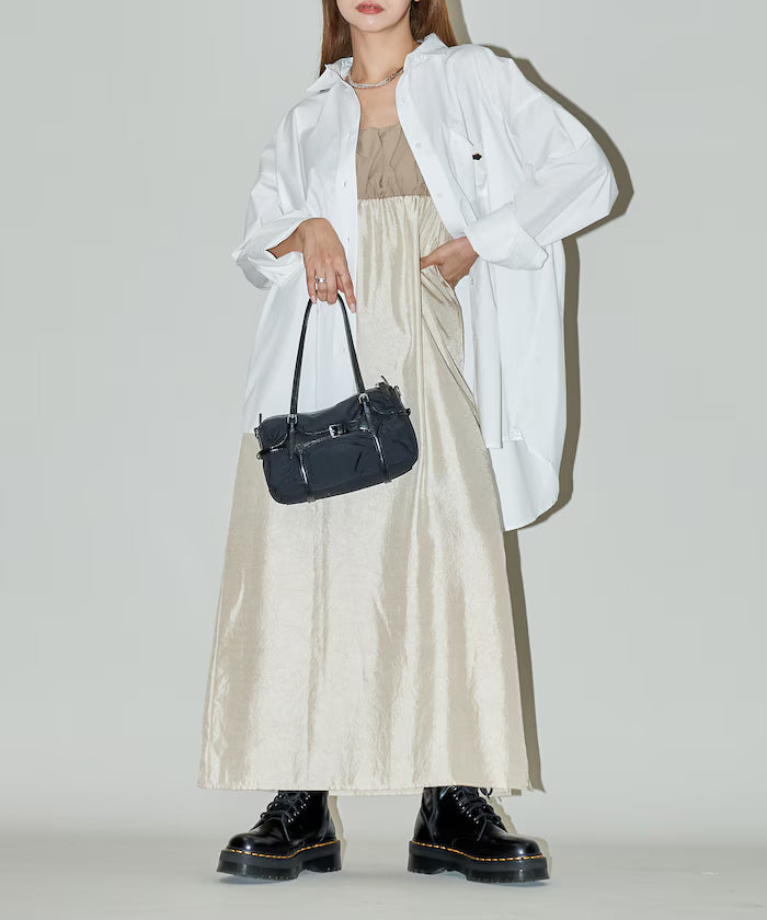 Mixed Material Shirring Satin Dress Limited Release