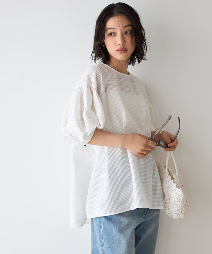 [March 11th 12:00 Release] Sheer Check Balloon Sleeve Blouse / 5-minute sleeves / Flare Silhouette