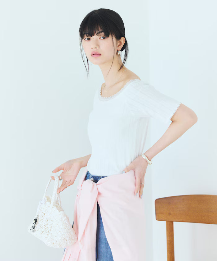 Boat Neck Pullover Knit Lace T-Shirt