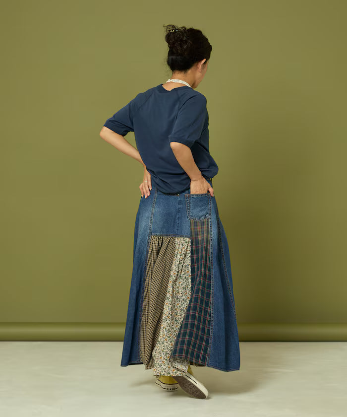 Side Front Denim Color Block Flared Skirt