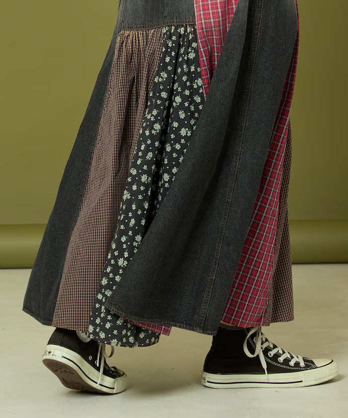 Side Front Denim Color Block Flared Skirt