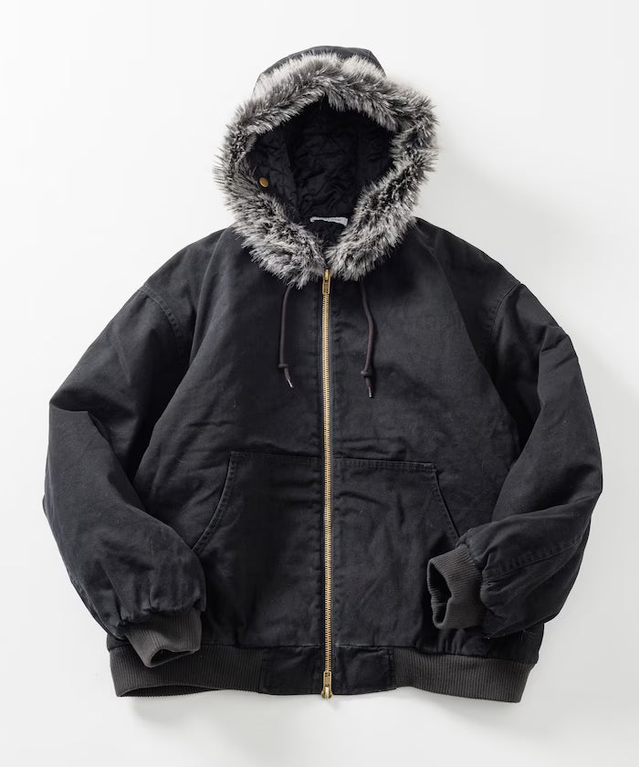 2way fake fur zip-up padded hooded jacket with detachable fur - Black