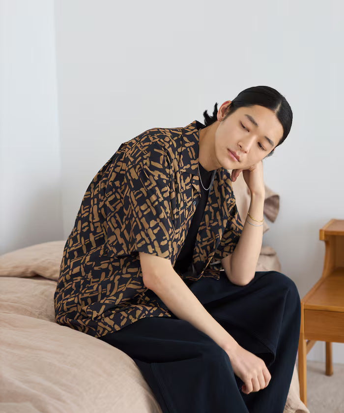 Mesh Open Collar Pattern Short Sleeve Shirt / Allover Design Open Collar Shirt / Big Silhouette