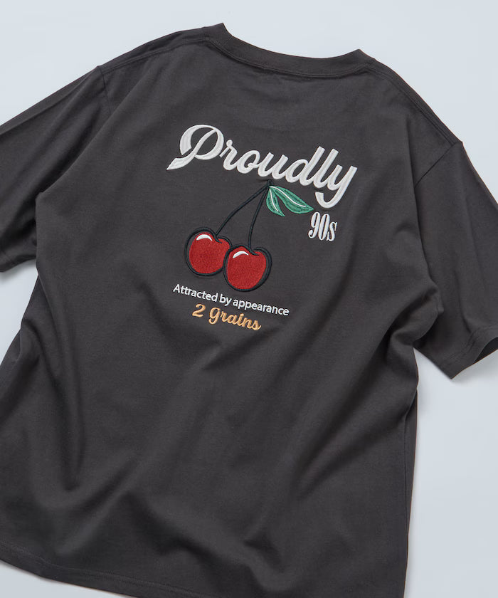 Relaxed Fit Design Back Embroidery Crew Neck T-Shirt / Cherry / Ringer 【Limited Edition】 - Charcoal Gray