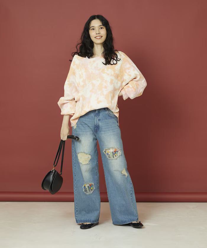 Flower Embroidery Wide Denim