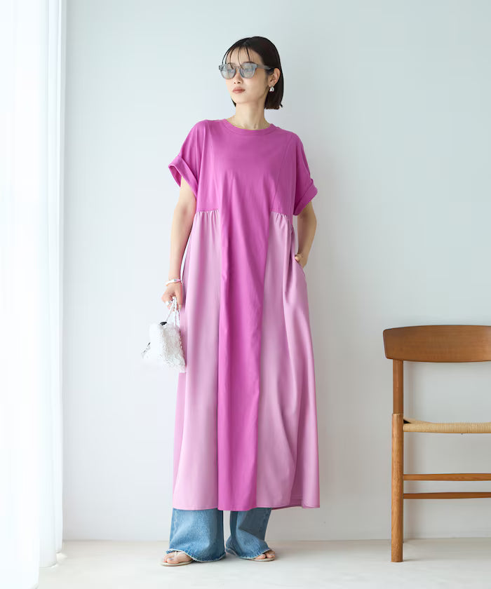 Organic Cotton Mixed Material Docking Gathered Dress