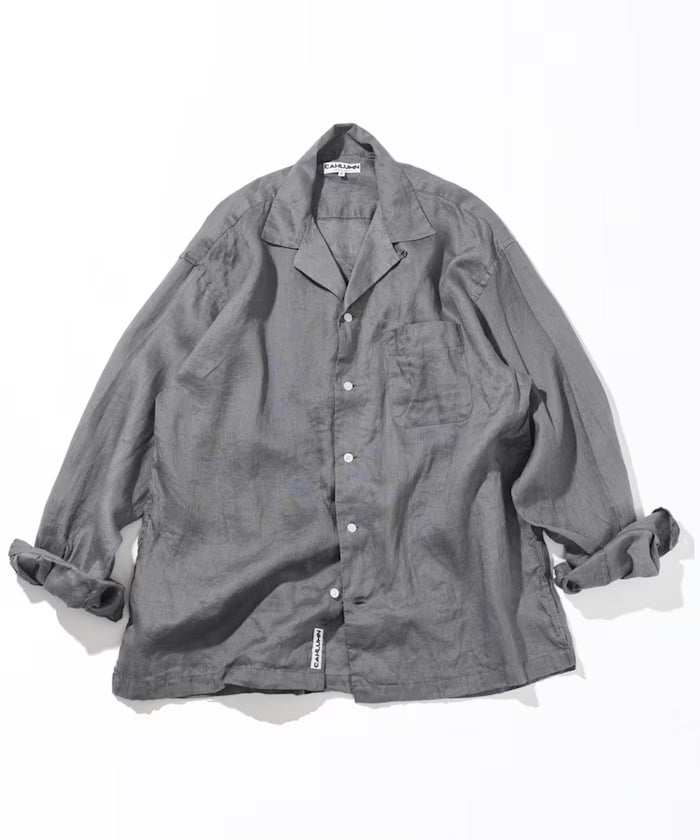Linen Open Collar Long Sleeve Shirt - Gray