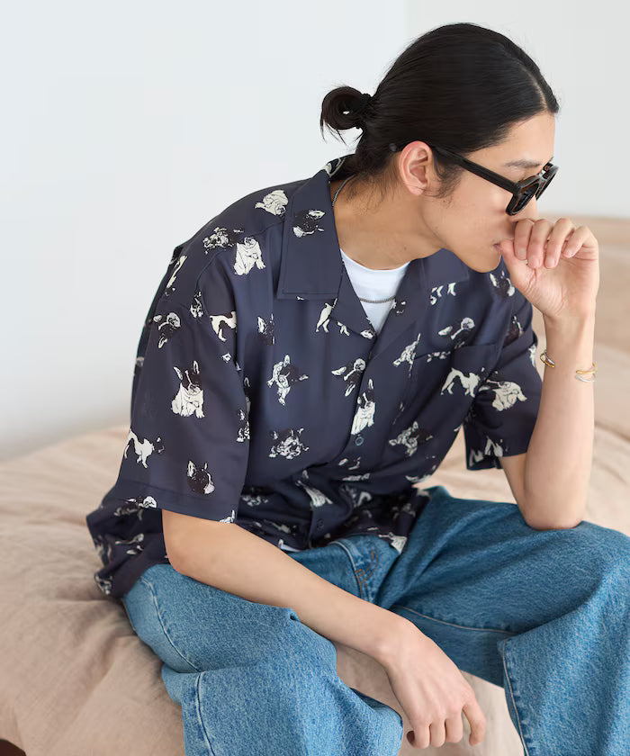 Mesh Open Collar Pattern Short Sleeve Shirt / Allover Design Open Collar Shirt / Big Silhouette
