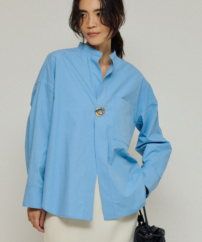Oversized Long Sleeve Brooch Shirt - Sax Blue