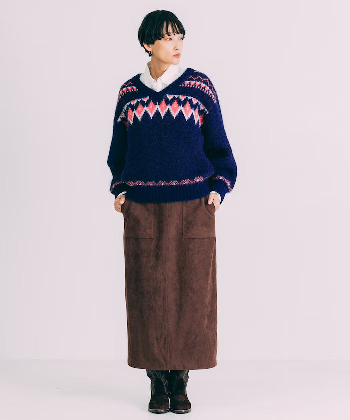 V-neck color block Nordic pattern knit