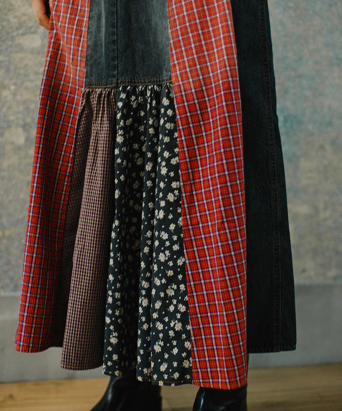 Side Front Denim Color Block Flared Skirt