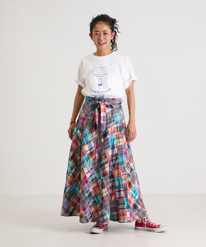 Indian patchwork check wrap skirt