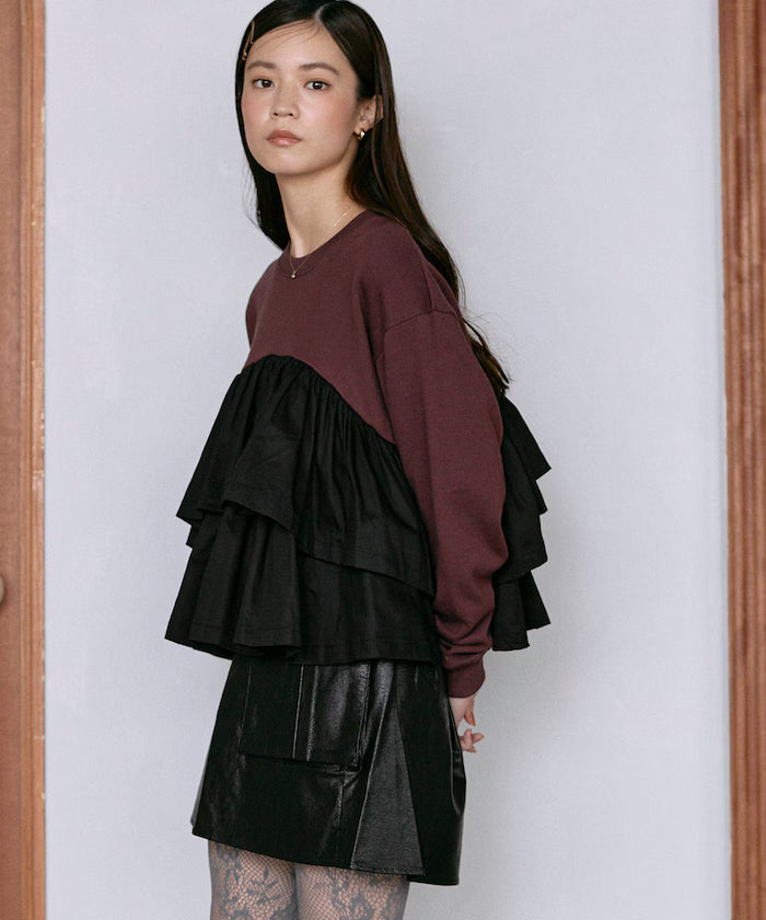 Organic Cotton Docking Frill Sweat / Relaxed Fit / Backed Sweat - Brown