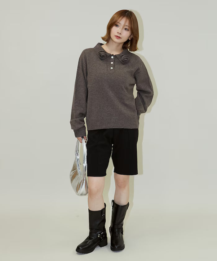 Polo knit pullover with flower motif - limited edition