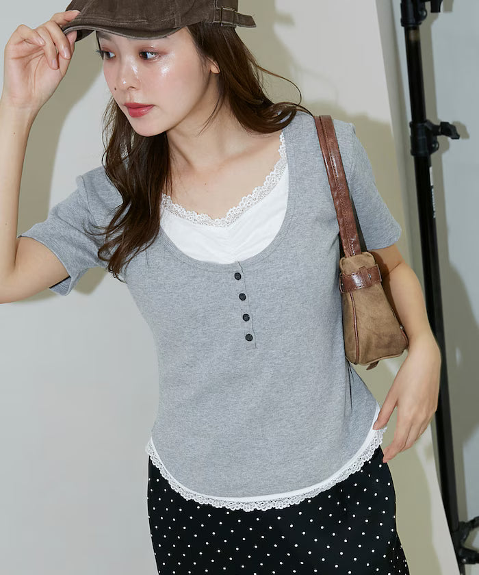 Short Sleeve Lace Layered Style Henley Neck T-Shirt Limited Edition