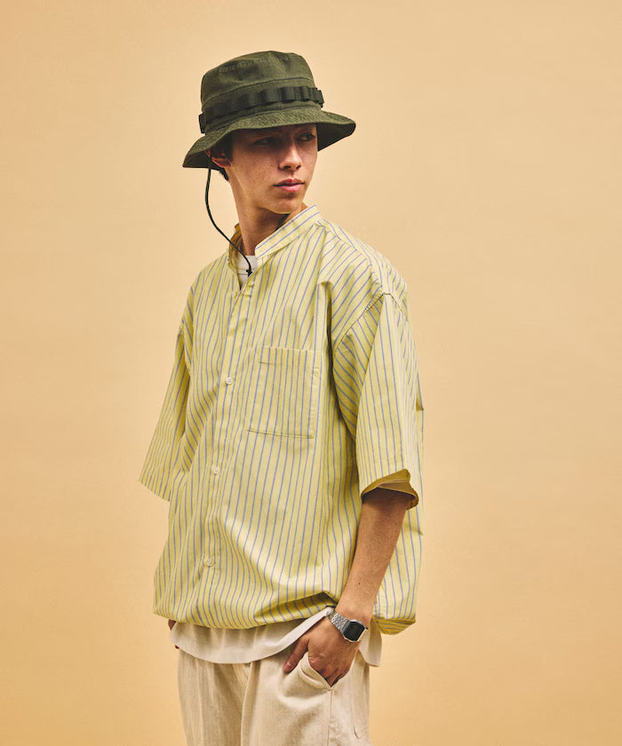 Typewriter Spindle Band Collar Stripe Short Sleeve Shirt