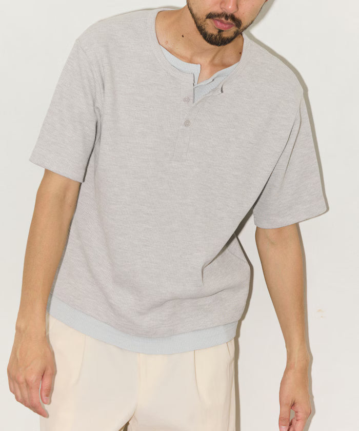 Waffle Fake Layered Henry Neck T-Shirt