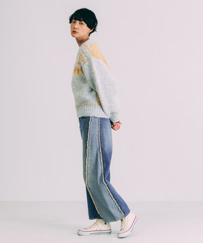 V-neck color block Nordic pattern knit