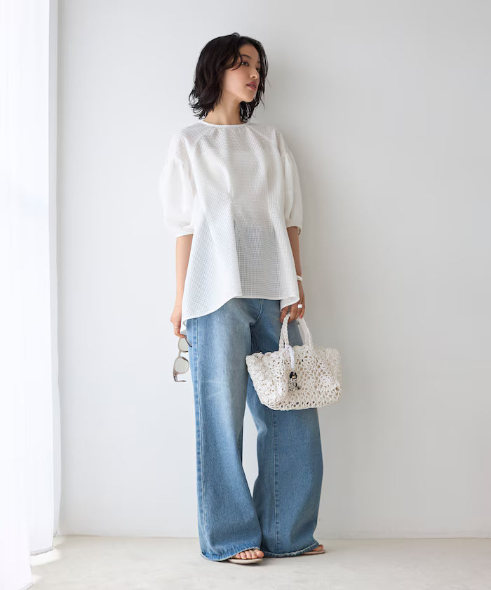 [March 11th 12:00 Release] Sheer Check Balloon Sleeve Blouse / 5-minute sleeves / Flare Silhouette