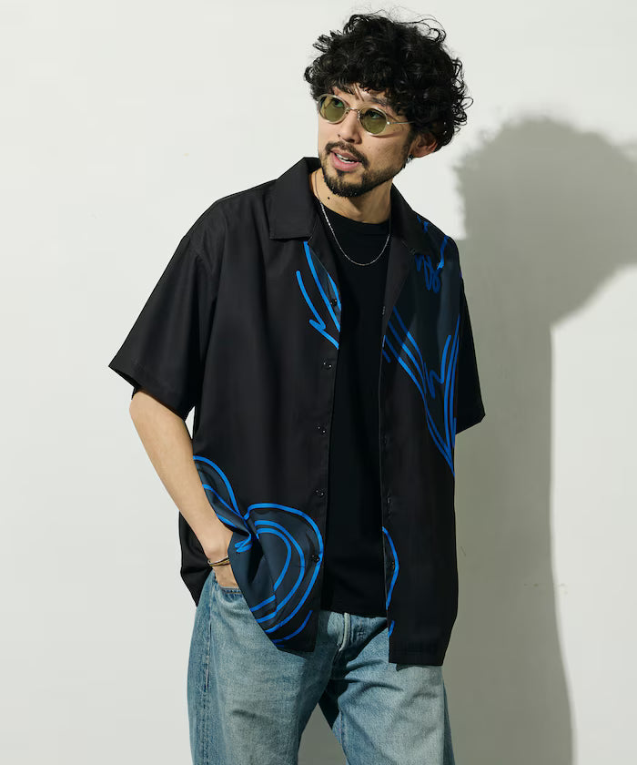 Open Collar Big Pattern Short Sleeve Shirt / Big Silhouette