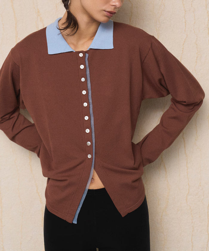 Color Design Fake Layered Long Sleeve Polo Knit Cardigan