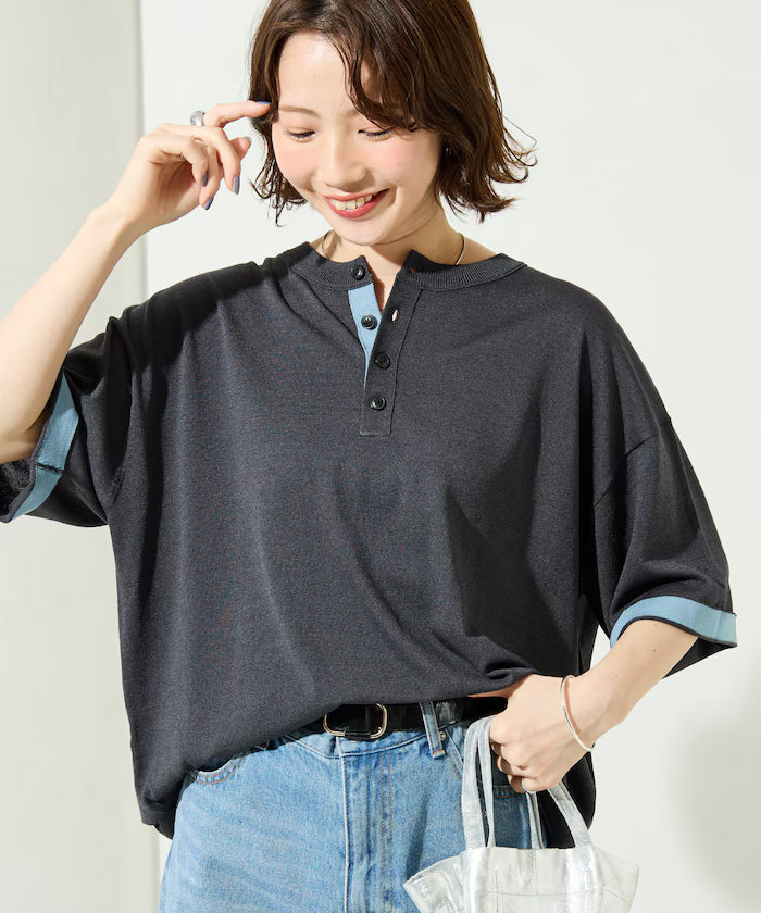 Relax Fit Relax Fit Cool Touch Color Block Henry Neck Pullover 【Limited Edition】 - Charcoal Gray