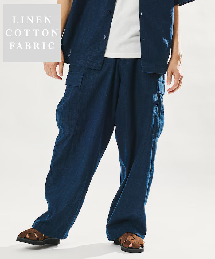 LINEN COTTON EASY CARGO PANTS 【Compatible with Set-Up】 - Navy