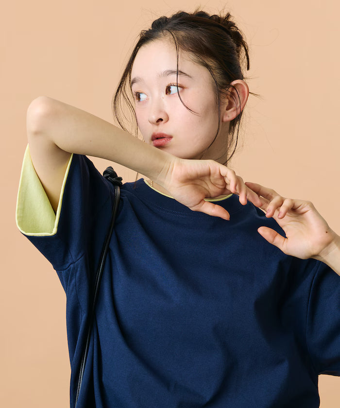 Limited Edition Relaxed Fit Color Block Fake Layered Crew Neck T-Shirt - Navy