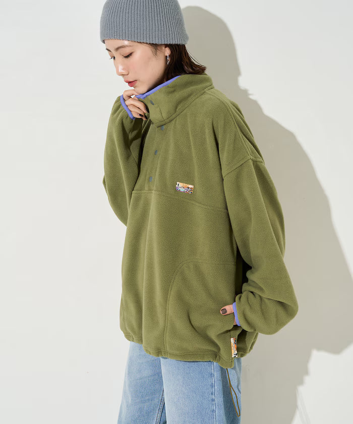 Big Silhouette One Point Logo Fleece Snap Button Spindle Pullover - Olive