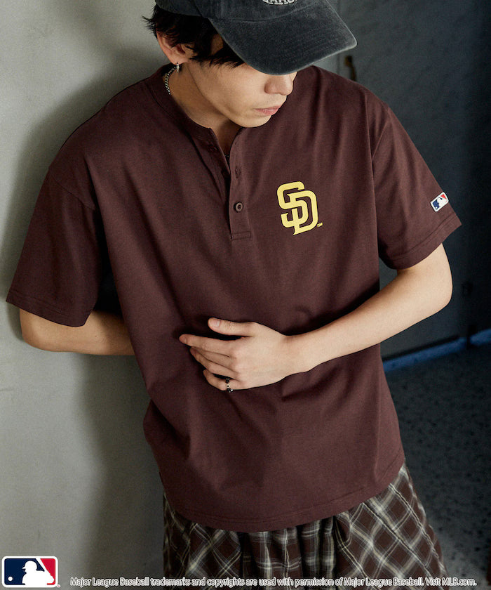 Limited Edition Custom MLB Logo Print Henley Neck Oversized T-Shirt