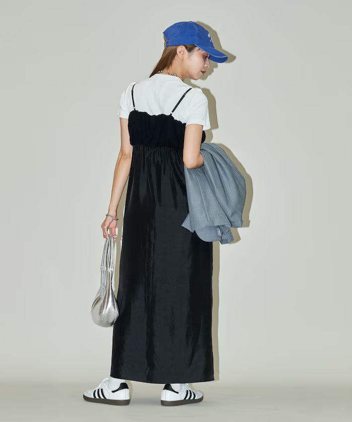 Mixed Material Shirring Satin Dress Limited Release