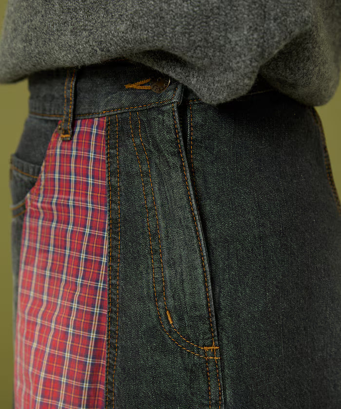 Side Front Denim Color Block Flared Skirt