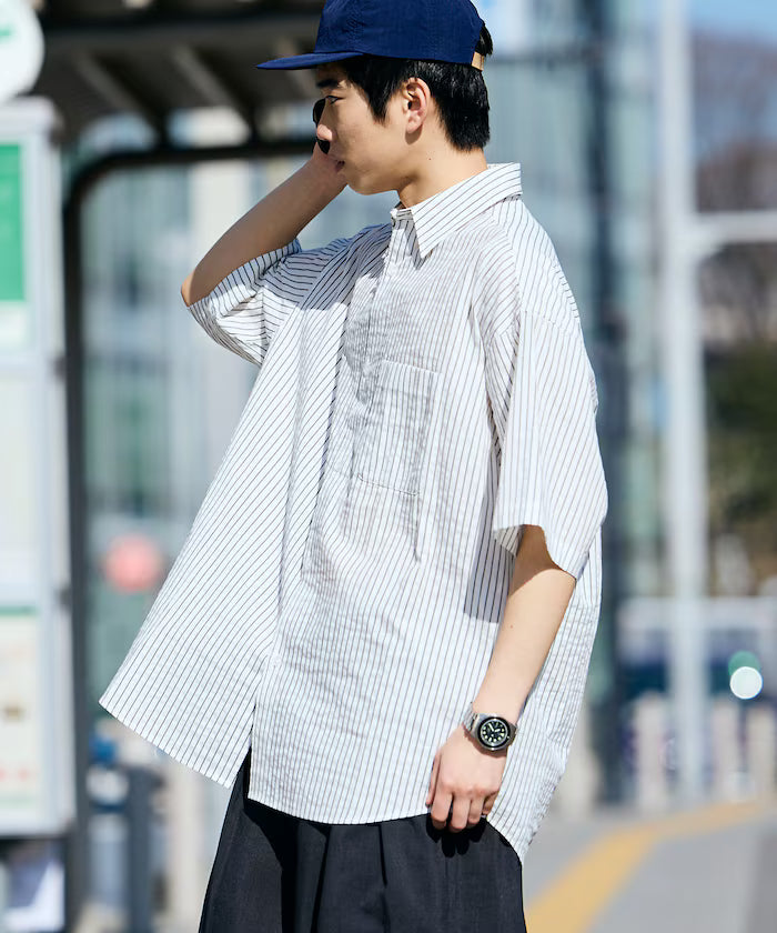 Relax Fit Regular Collar Sheer Seersucker Short Sleeve Shirt 【Limited Edition】 - WHT Stripe