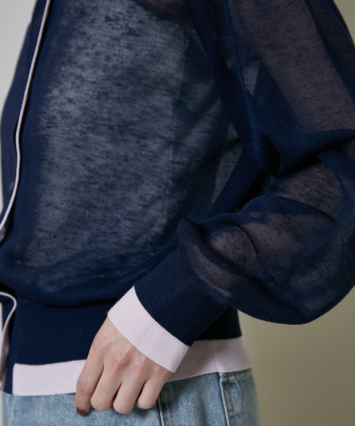 Washable Linen Color Block Sheer Knit Cardigan Limited Edition