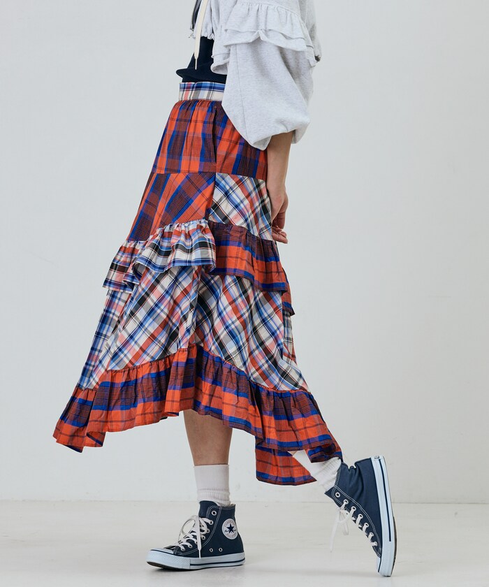Check x Check Asymmetrical Frill Skirt